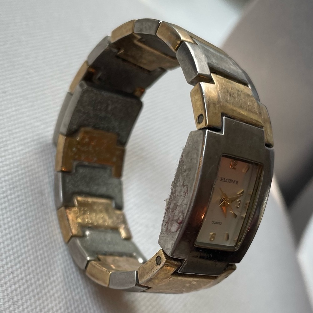 Vintage Elgin II Silver Tone Two Tone Block Bracelet Open Cuff Band Watch